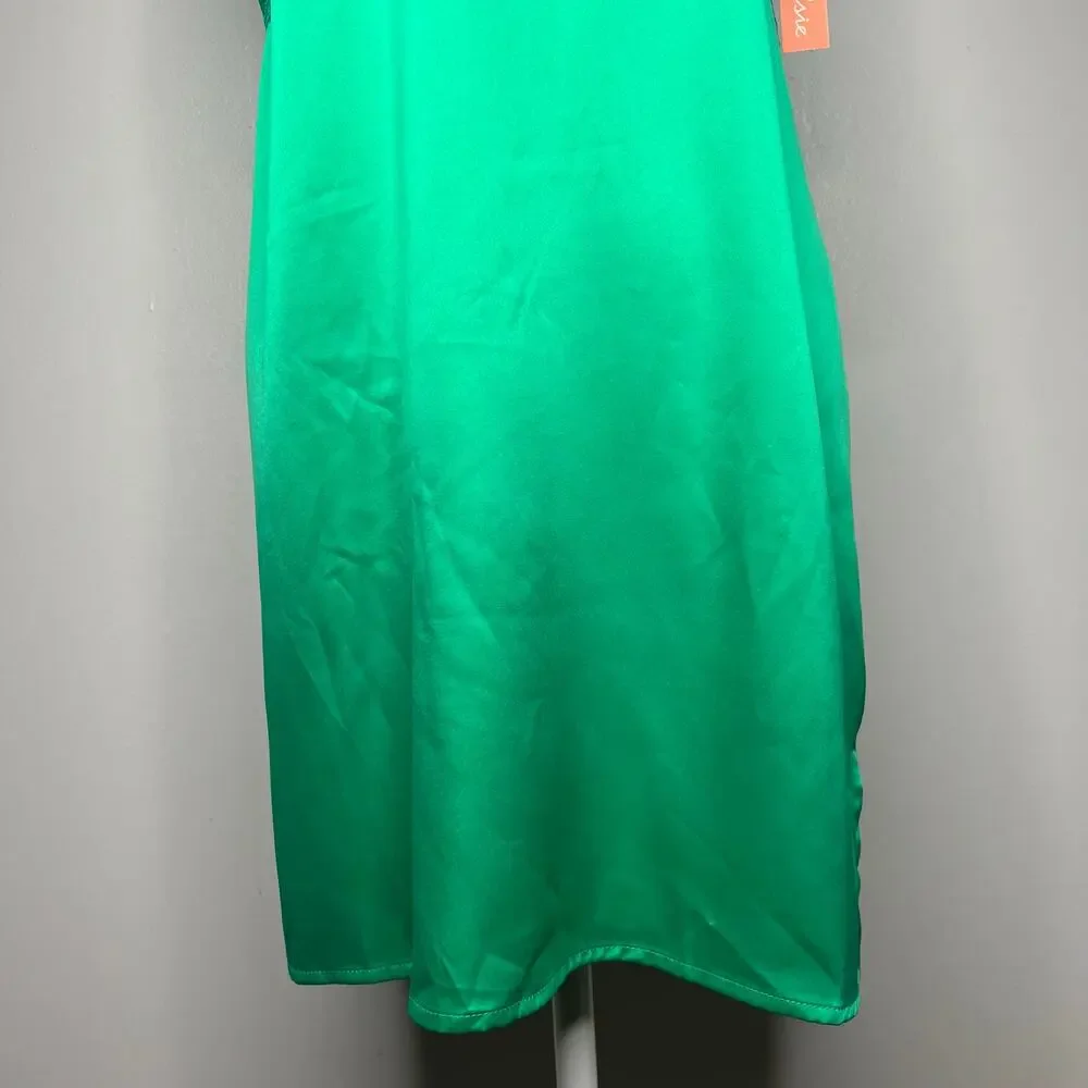 Women's Kelly Green Satin Nightgown Lace Trim Babydoll Sz M Fairy Y2K Jewel Tone